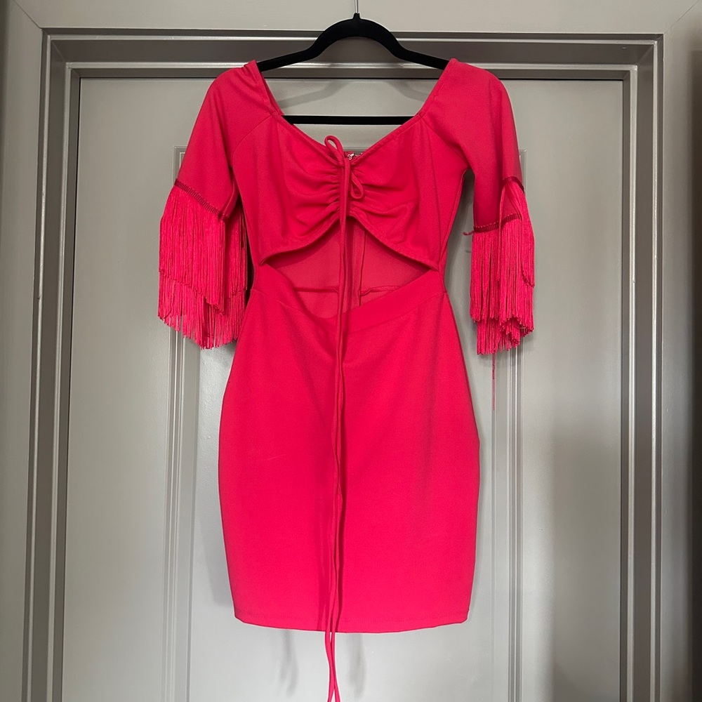 Elegant Pink Dress with Fringe Sleeves
